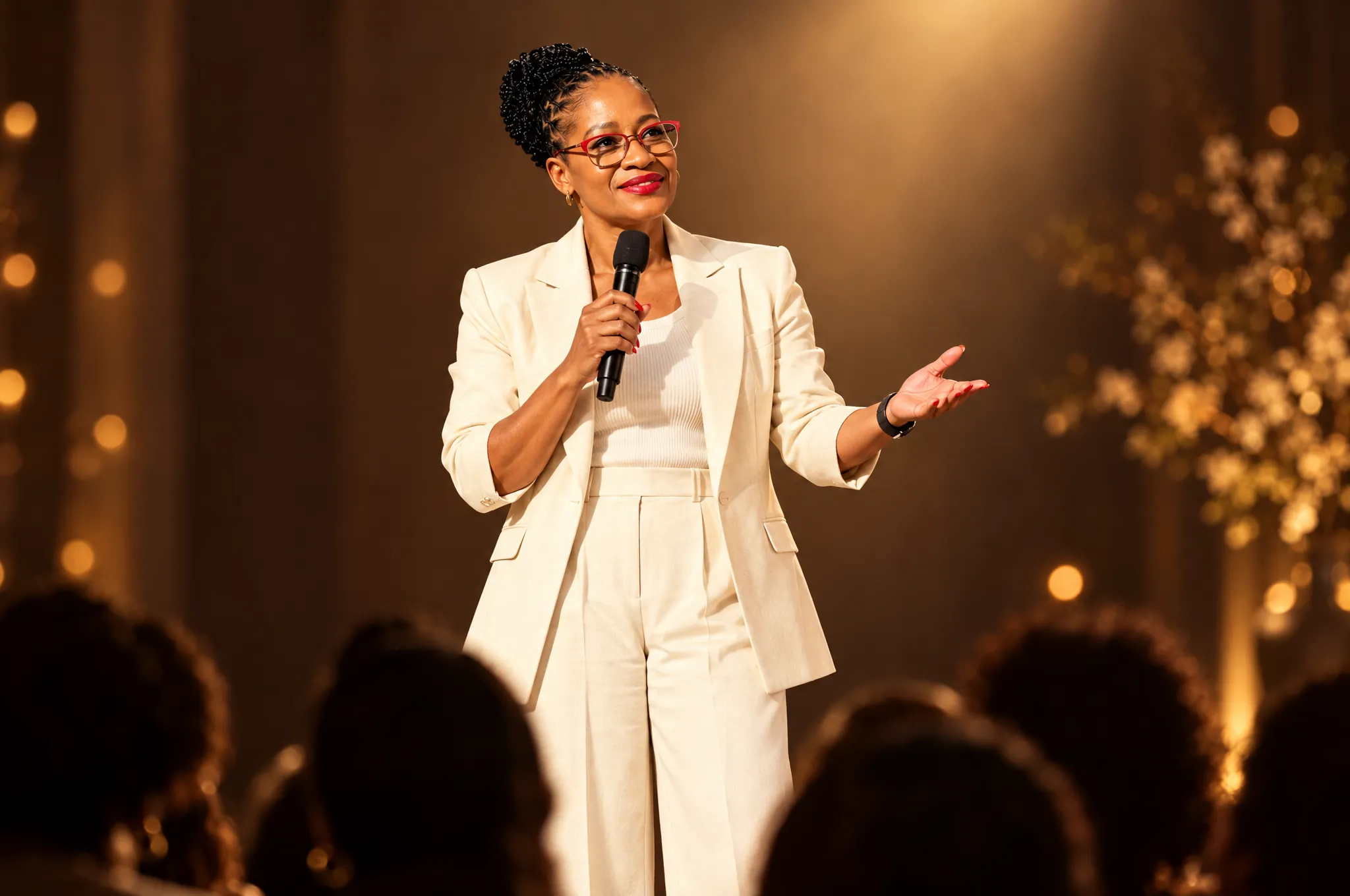Thandiwe speaking on stage with a microphone to an engaged audience in warm light