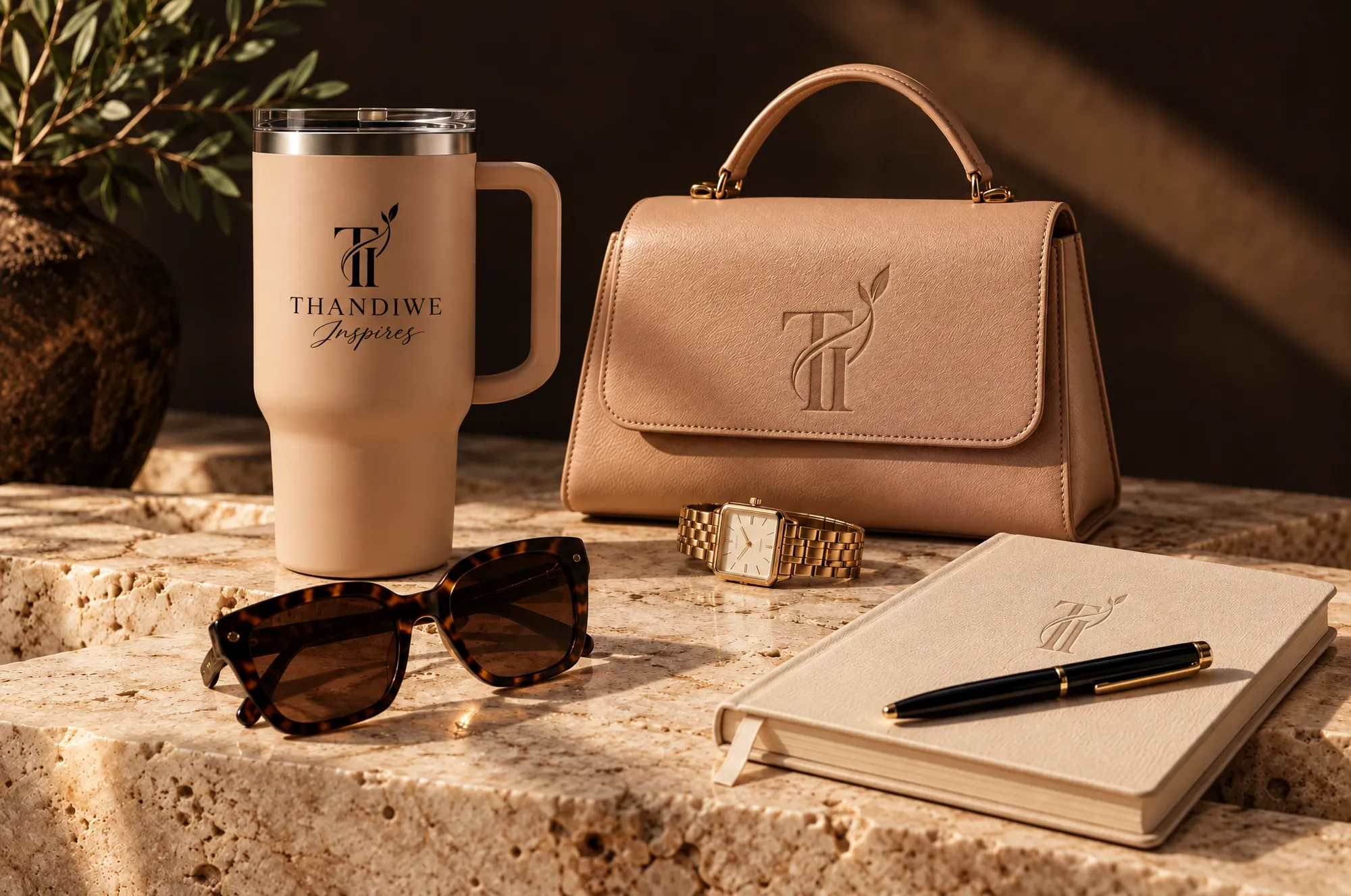 The Thandiwe Inspires collection: nude tumbler, embossed purse, gold watch, sunglasses and journal on travertine