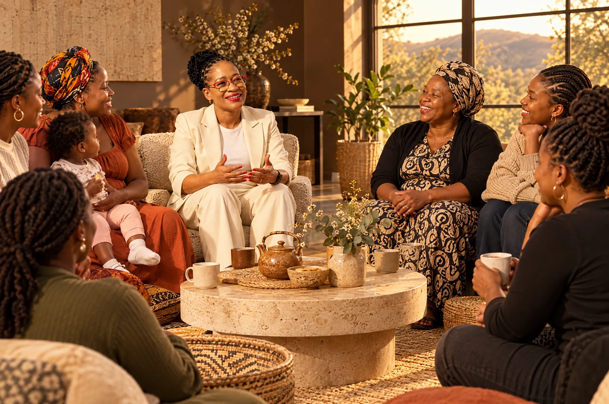 Thandiwe leading a warm women’s circle with mothers and a toddler in a sunlit room