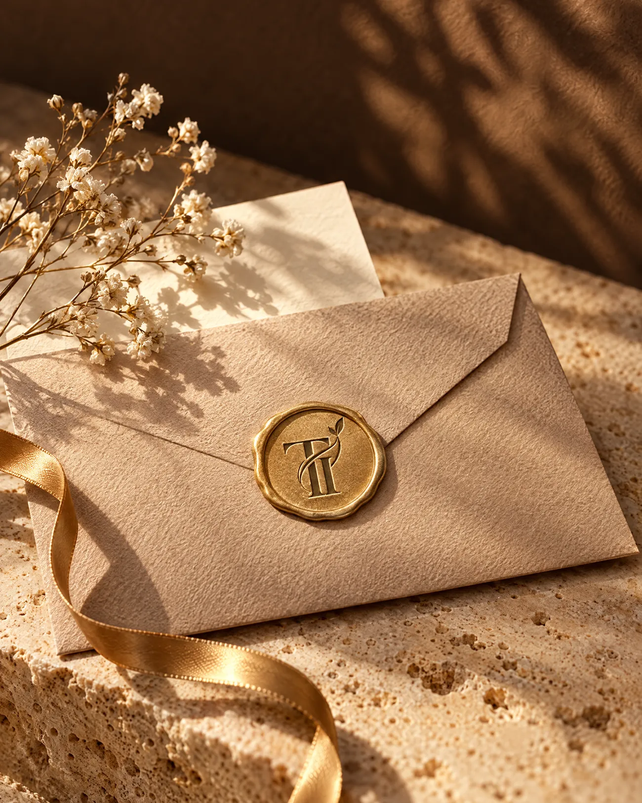 A nude envelope sealed with a gold TI wax seal beside white blossom on travertine
