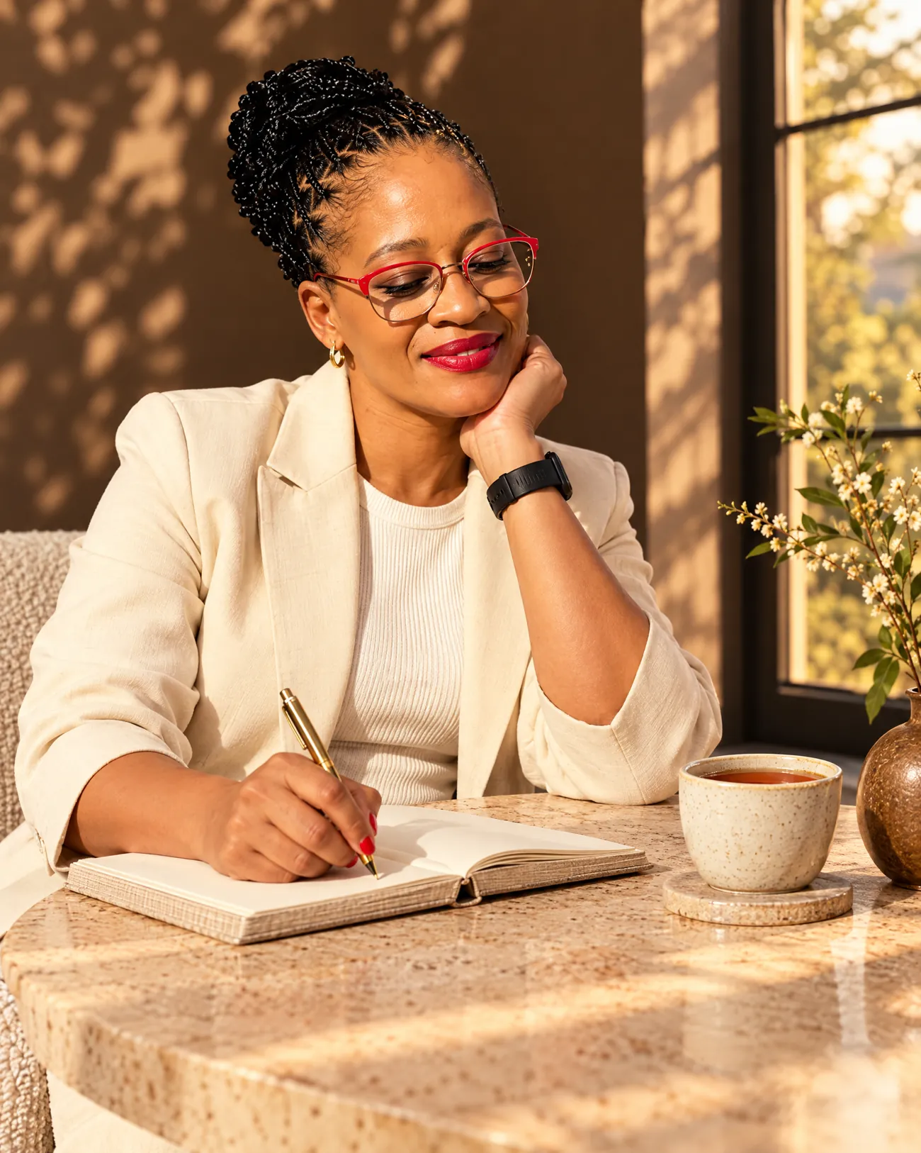 Thandiwe writing in a linen journal by a sunlit window, a cup of tea beside her
