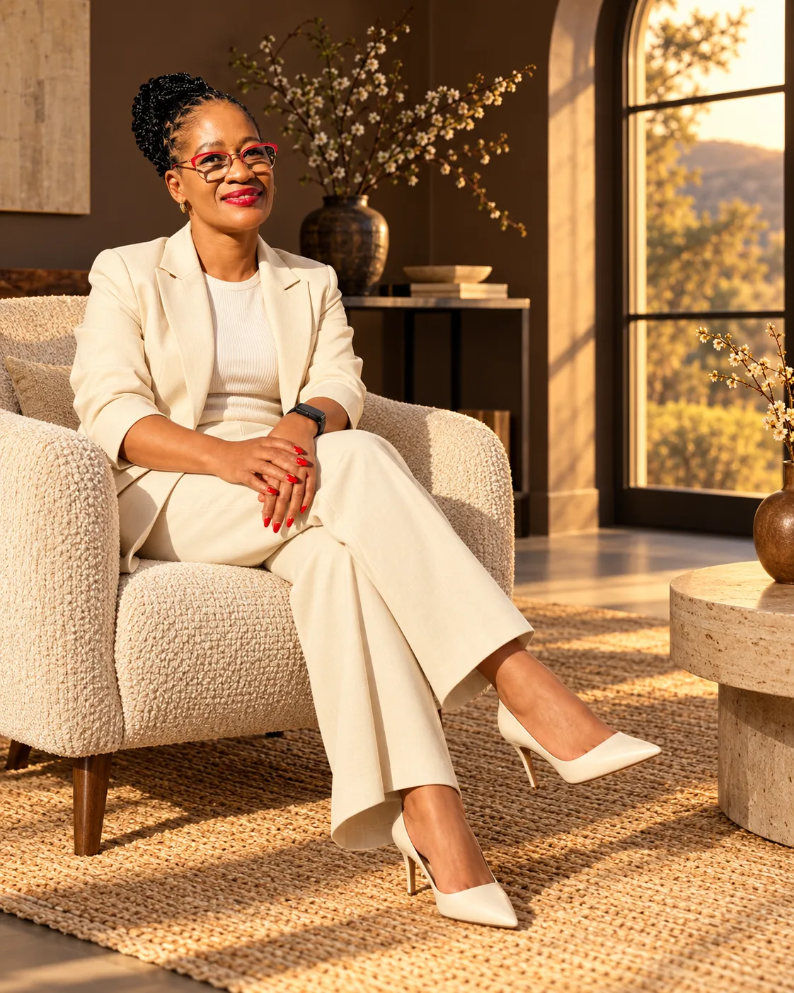 Thandiwe seated in a cream suit, smiling warmly