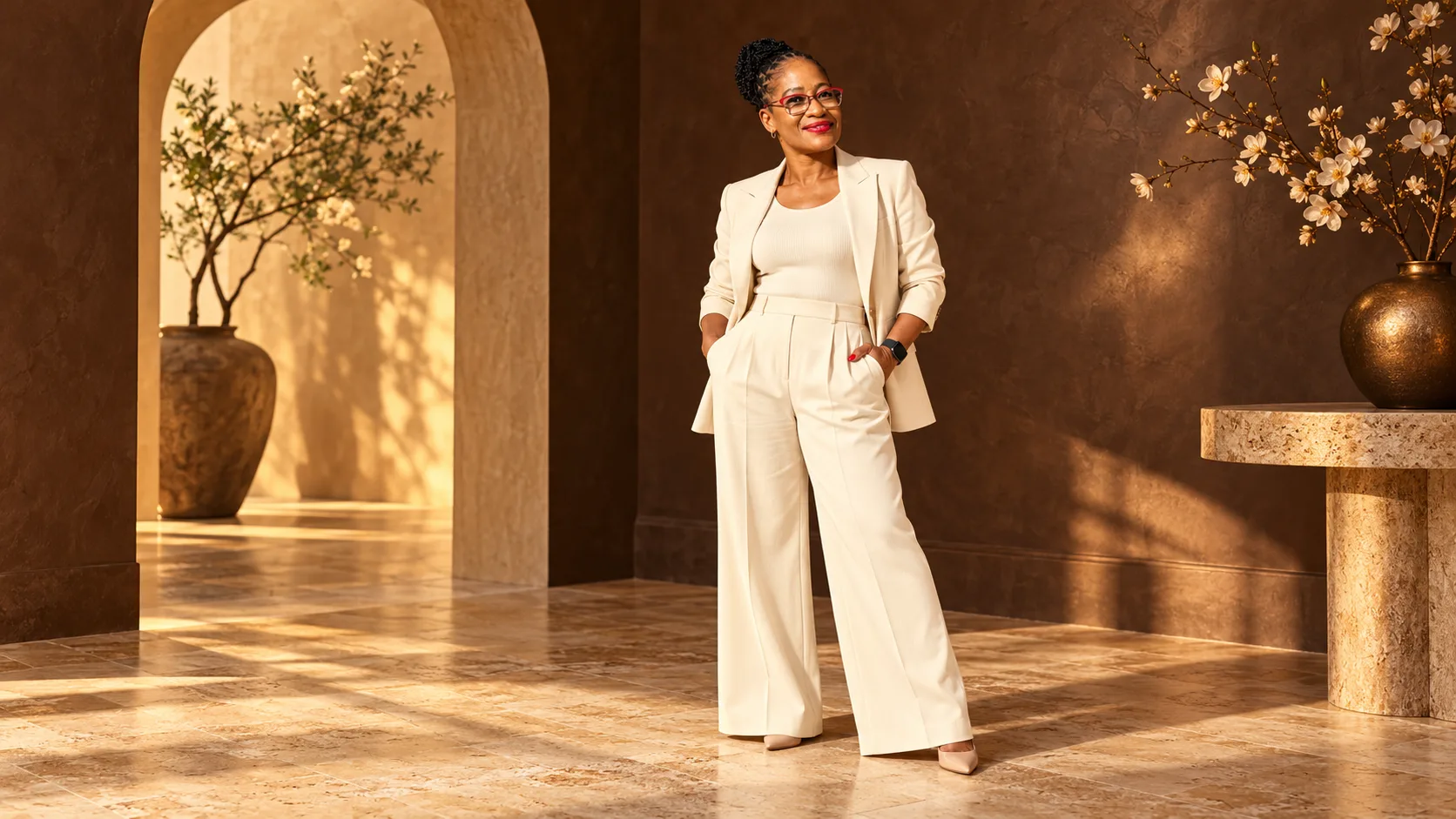 Thandiwe standing in a cream suit in a warm, arched interior